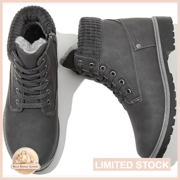Combat Boots with Faux Fur Lining Side Zipper Waterproof Winter Ankle Booties